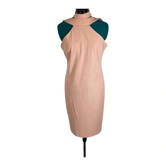 BEBE HALTER CHOCKER NECK BODYCON MIDI DRESS SAND COLOR - Picture 4 of 8